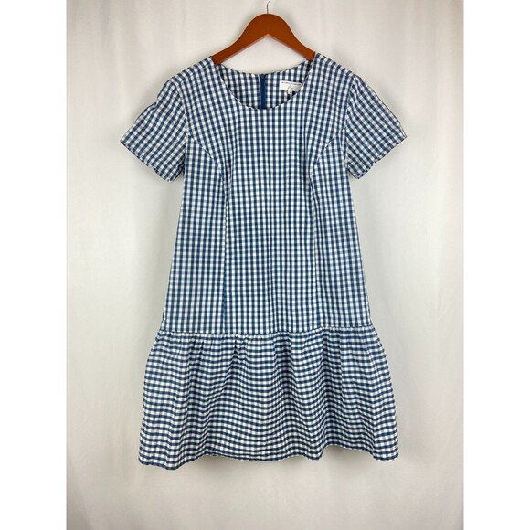 Universal Standard J Crew Gingham Dress Small Ruffles Blue Shift Drop Waist FLAW - Picture 2 of 12